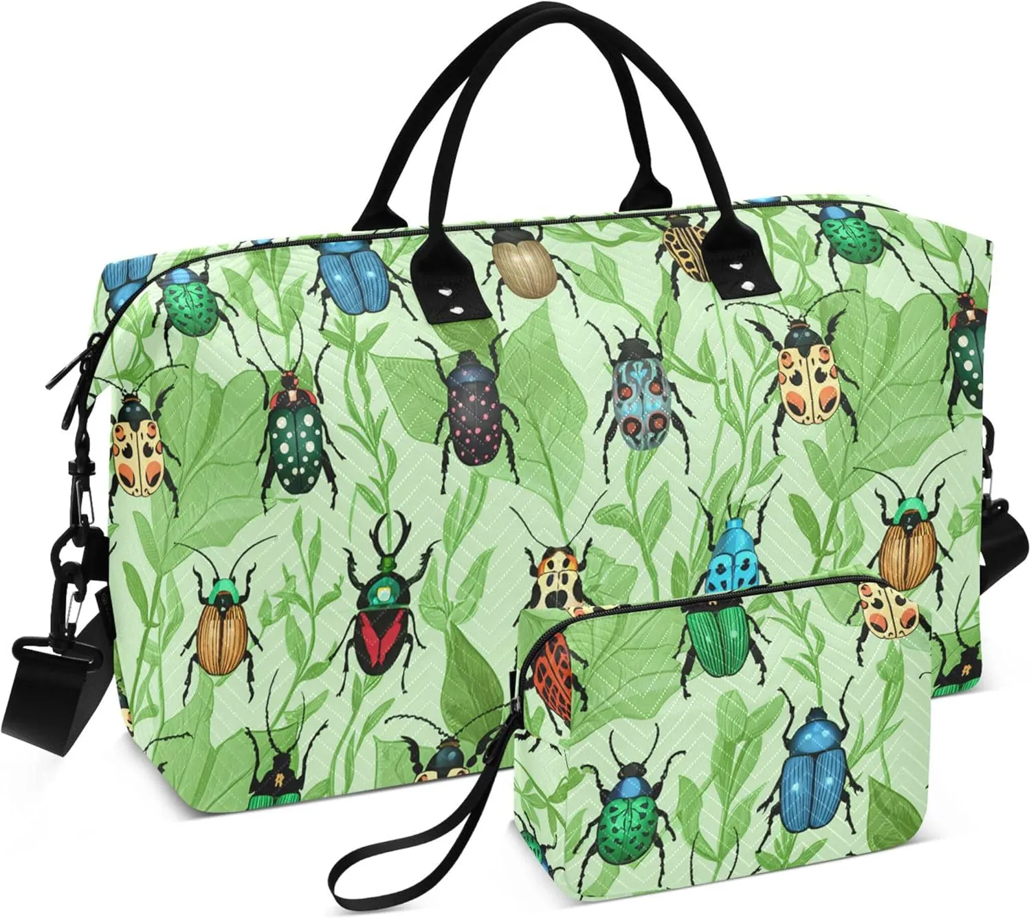 Burbuja Travel Duffel Bag for Women, Beetles Leaves Weekender Overnight Bag Shoulder Carry On Tote with Trolley Sleeve, Gym & Toiletry, Large Size