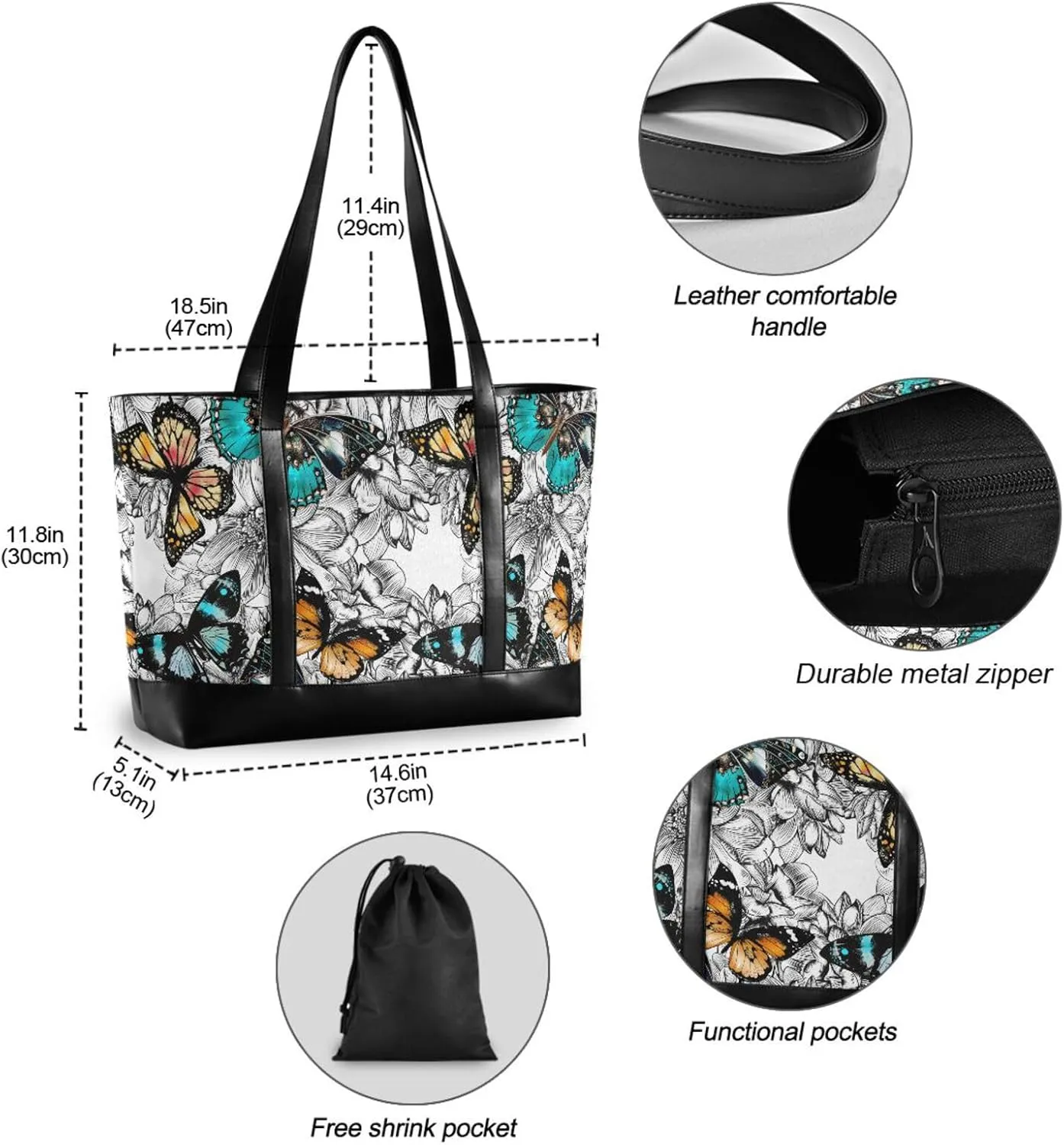 Butterflies Laptop Tote Bag for Women Travel Work Bag Handbags Purse Canvas Teacher Tote Bags with Zipper