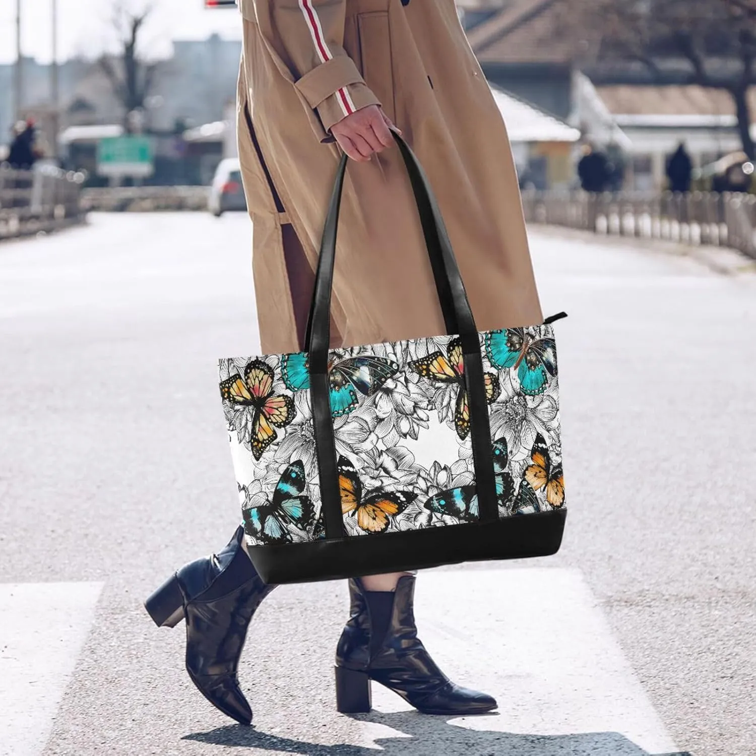 Butterflies Laptop Tote Bag for Women Travel Work Bag Handbags Purse Canvas Teacher Tote Bags with Zipper