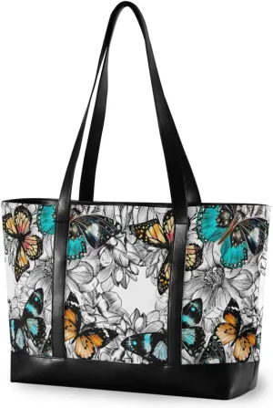 Butterflies Laptop Tote Bag for Women Travel Work Bag Handbags Purse Canvas Teacher Tote Bags with Zipper