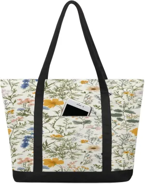 Butterfly Flower Print Canvas Tote Bag Casual Shoulder Handbag Large Shopping Bags With 5 Pocket Carry On Weekender Backpack for Women Travel Work Gifts Duffle Grocery Compartment