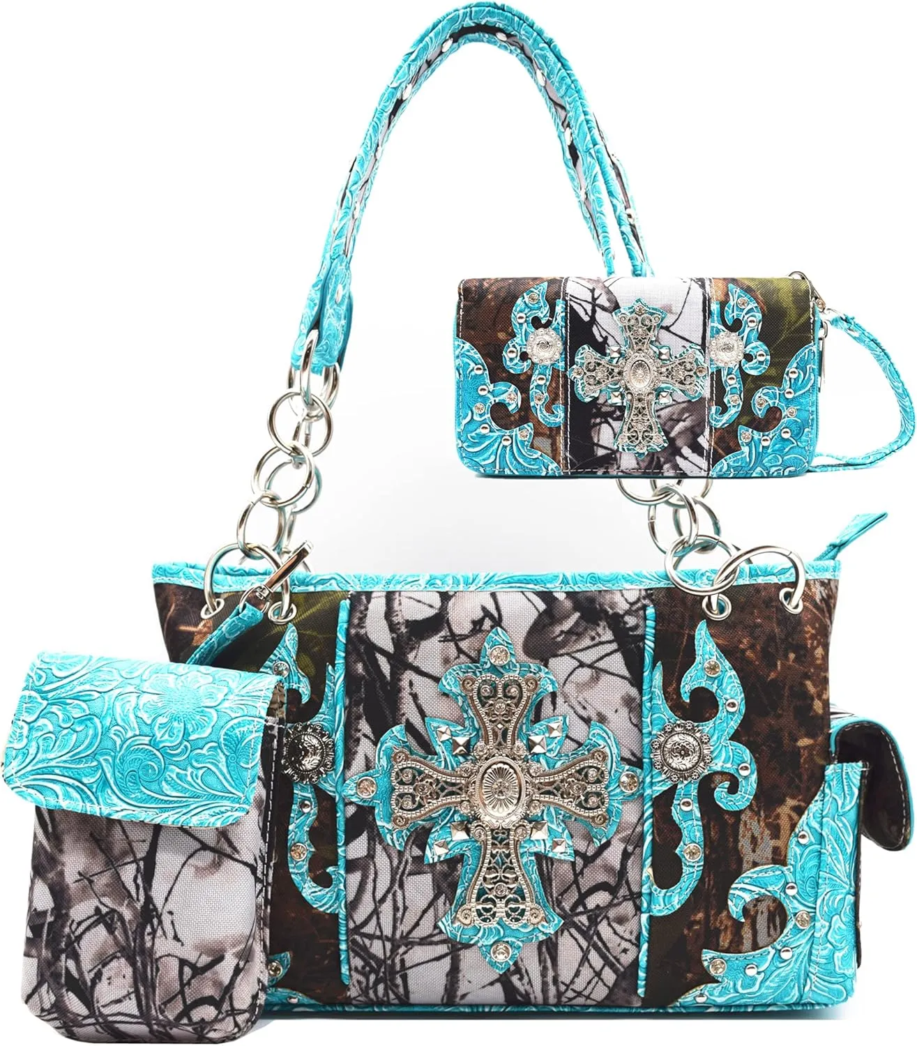 Camouflage Cross Wings Western Style Studded Handbag Tooled Leather Purse Country Women Shoulder Bag Pouch Wallet Set