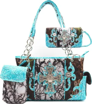 Camouflage Cross Wings Western Style Studded Handbag Tooled Leather Purse Country Women Shoulder Bag Pouch Wallet Set