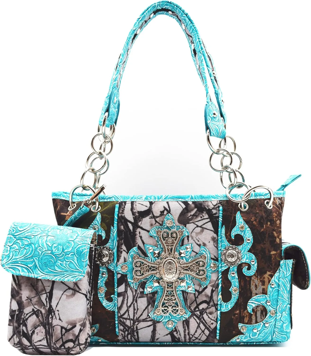 Camouflage Cross Wings Western Style Studded Handbag Tooled Leather Purse Country Women Shoulder Bag Pouch Wallet Set