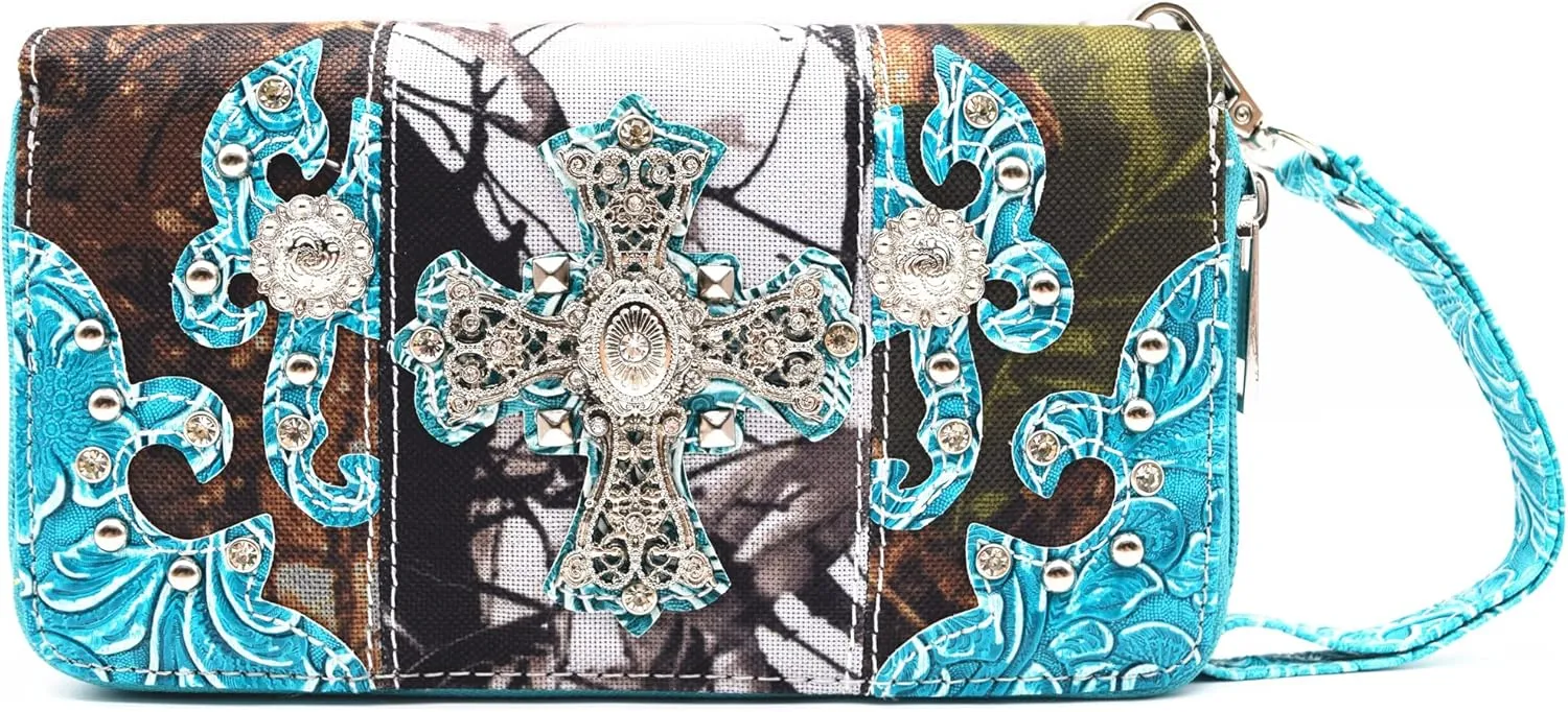 Camouflage Cross Wings Western Style Studded Handbag Tooled Leather Purse Country Women Shoulder Bag Pouch Wallet Set