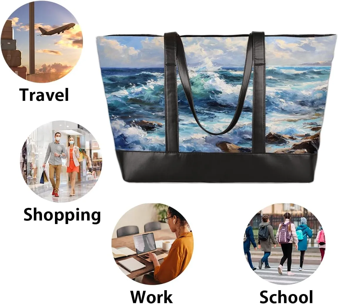 Canvas Laptop Tote Bag for Women Cherry Blossom Pink Blue 15.6 Inch Large Capacity Computer Bag