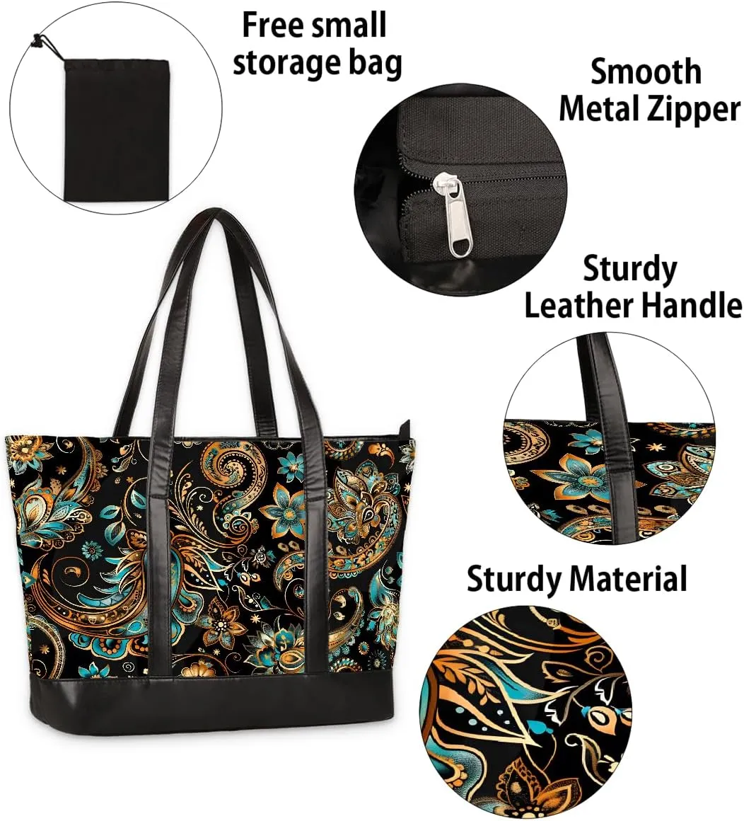 Canvas Laptop Tote Bag for Women Cherry Blossom Pink Blue 15.6 Inch Large Capacity Computer Bag