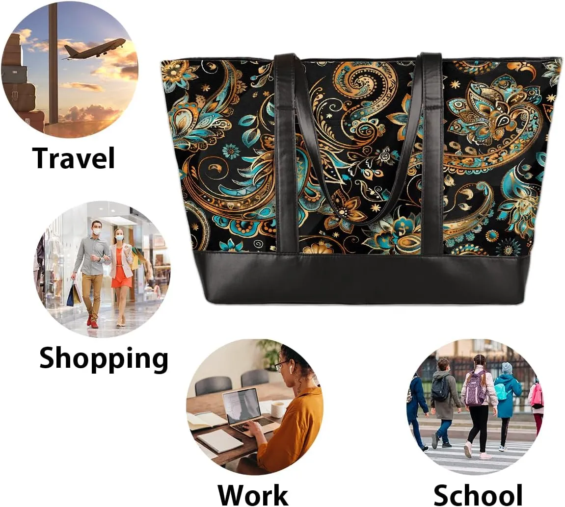Canvas Laptop Tote Bag for Women Cherry Blossom Pink Blue 15.6 Inch Large Capacity Computer Bag