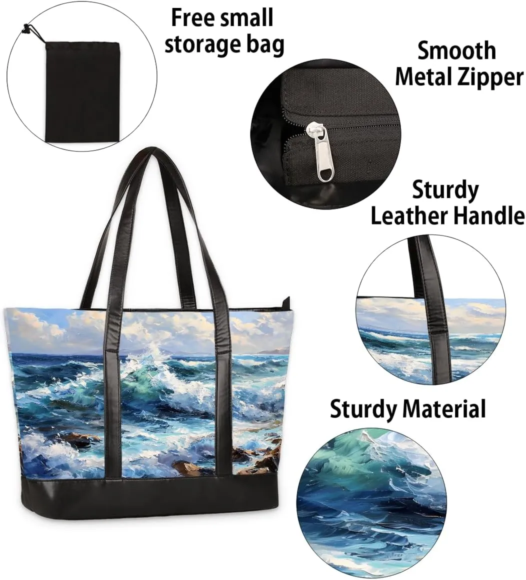 Canvas Laptop Tote Bag for Women Cherry Blossom Pink Blue 15.6 Inch Large Capacity Computer Bag