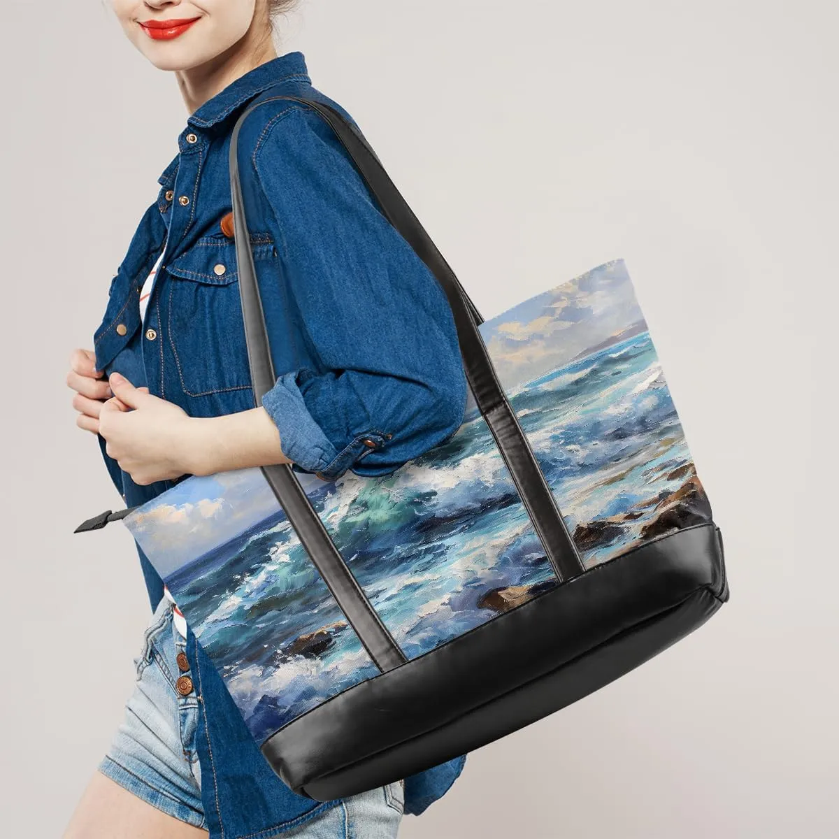 Canvas Laptop Tote Bag for Women Cherry Blossom Pink Blue 15.6 Inch Large Capacity Computer Bag