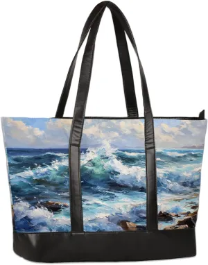 Canvas Laptop Tote Bag for Women Cherry Blossom Pink Blue 15.6 Inch Large Capacity Computer Bag
