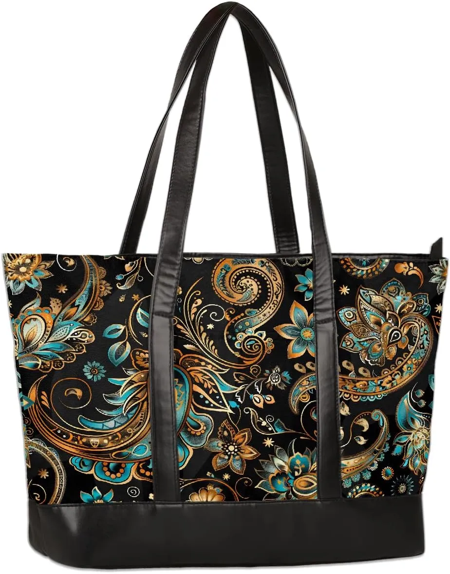 Canvas Laptop Tote Bag for Women Cherry Blossom Pink Blue 15.6 Inch Large Capacity Computer Bag