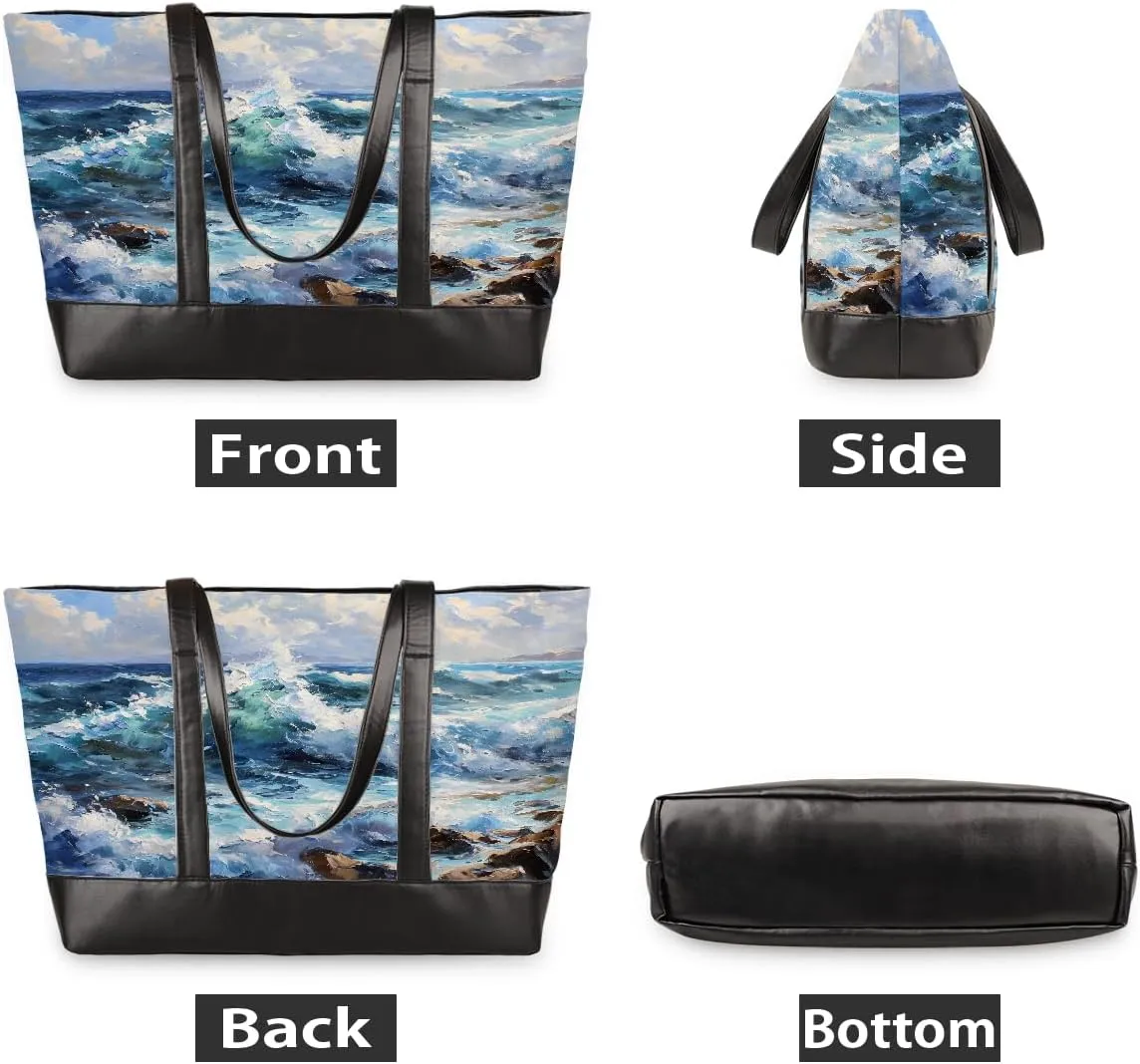 Canvas Laptop Tote Bag for Women Cherry Blossom Pink Blue 15.6 Inch Large Capacity Computer Bag