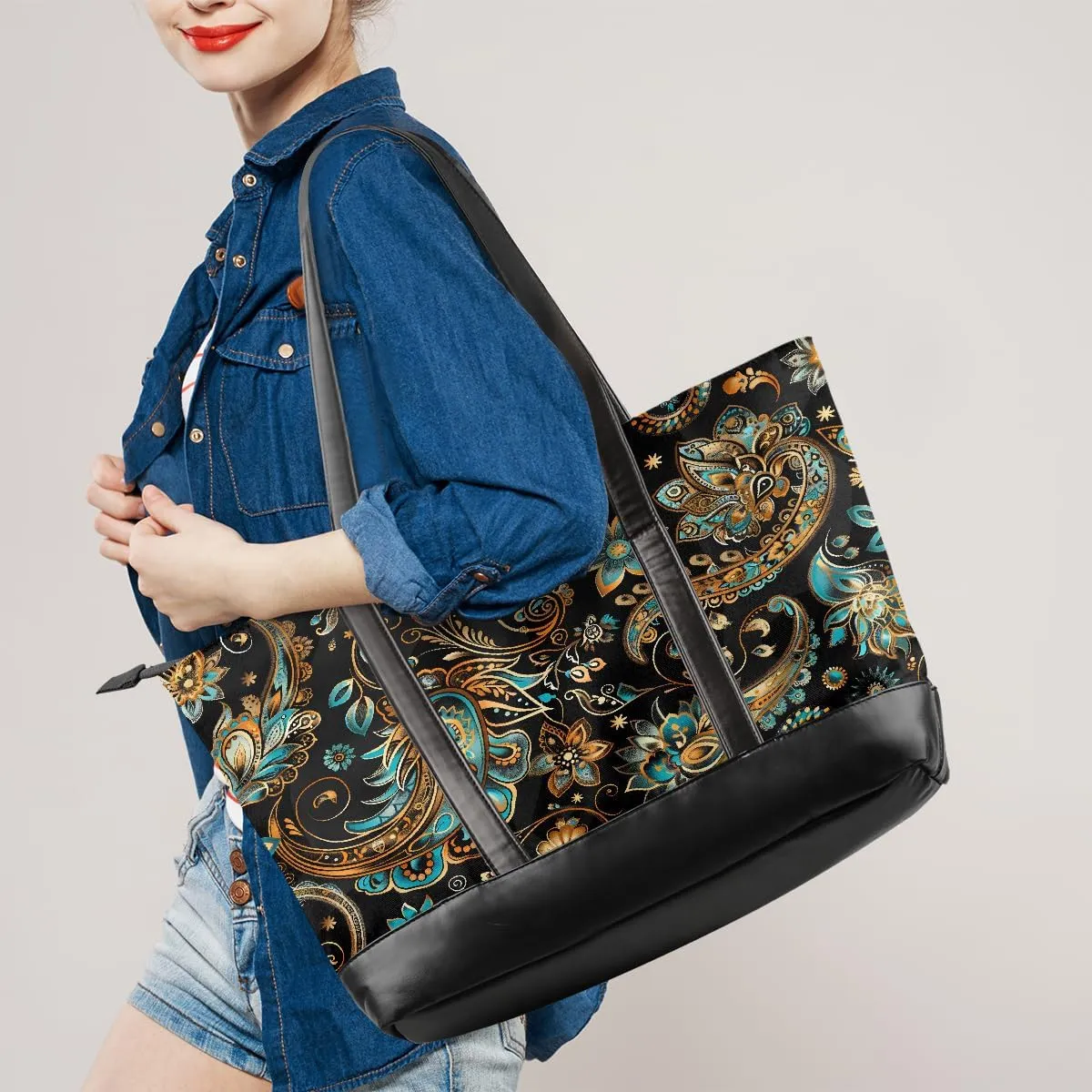 Canvas Laptop Tote Bag for Women Cherry Blossom Pink Blue 15.6 Inch Large Capacity Computer Bag
