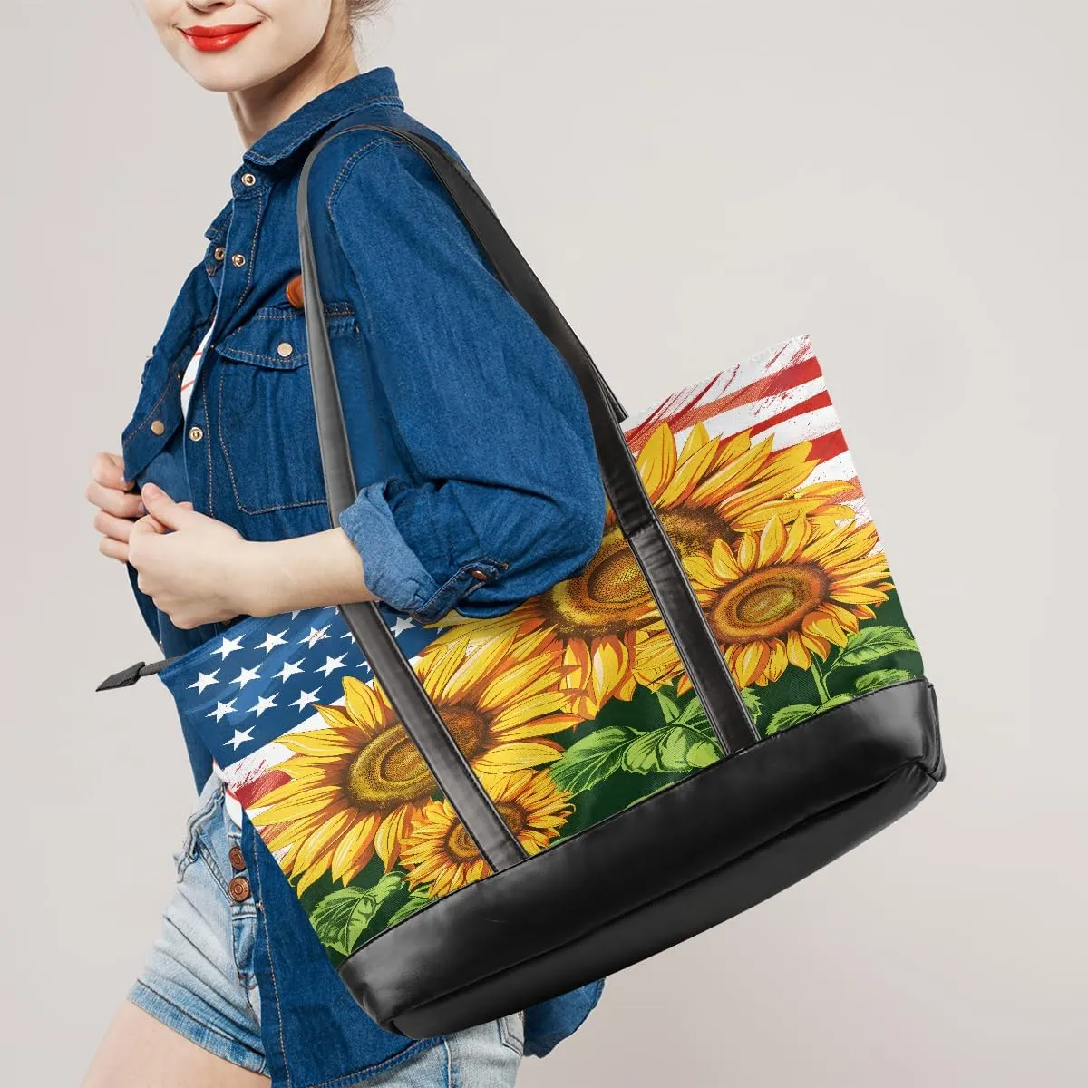 Canvas Laptop Tote Bag for Women Flower Sunflowers Flag 15.6 Inch Large Capacity Computer Bag