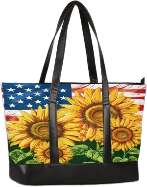 Canvas Laptop Tote Bag for Women Flower Sunflowers Flag 15.6 Inch Large Capacity Computer Bag