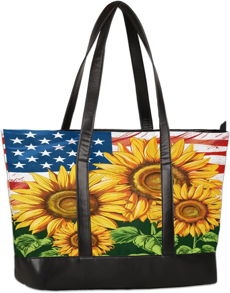 Canvas Laptop Tote Bag for Women Flower Sunflowers Flag 15.6 Inch Large Capacity Computer Bag