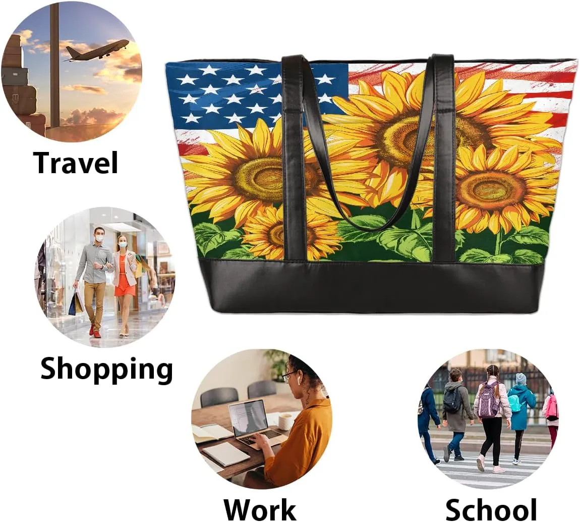 Canvas Laptop Tote Bag for Women Flower Sunflowers Flag 15.6 Inch Large Capacity Computer Bag