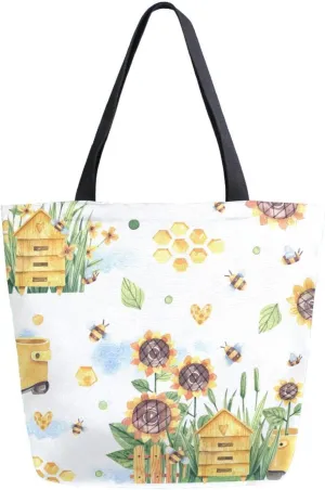 Canvas Tote Bag Bee Houses Flowers Sunflowers Woman Beach Bag Watercolor Cute Beehives Shoulder Bag School Had Bag Handbag Holiday Gift