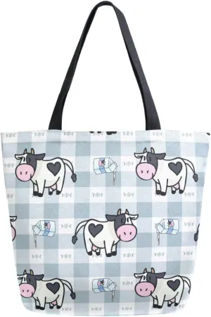 Canvas Tote Bag Dairy Cute Cow Woman Beach Bag Pouring Milk Carton Plaid Shoulder Bag School Had Bag Handbag Holiday Gift