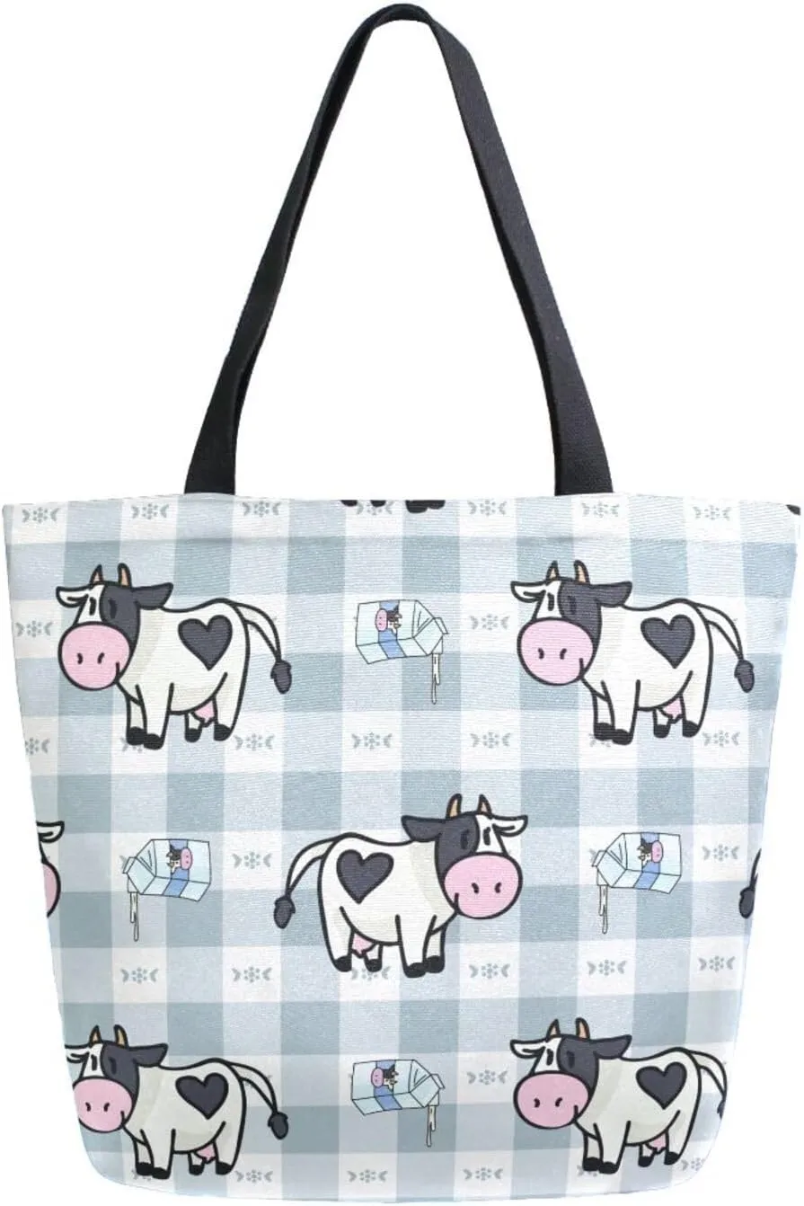 Canvas Tote Bag Dairy Cute Cow Woman Beach Bag Pouring Milk Carton Plaid Shoulder Bag School Had Bag Handbag Holiday Gift
