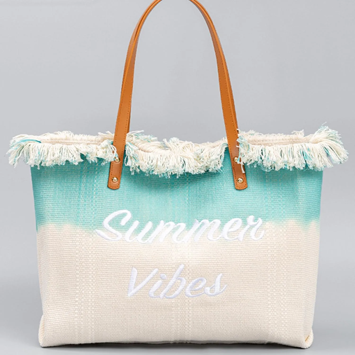 Canvas Tote Bag Embroidered Fringe Large Recycled Gradient Casual Shoulder Summer Beach Bag for Daily Use Travel Gym