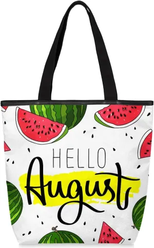 Canvas Tote Bag for Women Men August Cartoon Watermelons Canvas Handbag Shoulder Tote Bag with Zipper Closure Reusable Grocery Bag Shopping Cloth Bag with Handles for Beach Gym Picnic Work