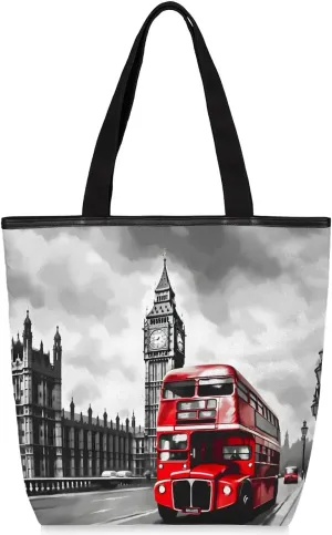 Canvas Tote Bag for Women Men British Red Double Decker Bus Canvas Handbag Shoulder Tote Bag with Zipper Closure Reusable Grocery Bag Shopping Cloth Bag with Handles for Beach Gym Picnic Work