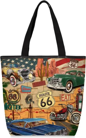 Canvas Tote Bag for Women Men Route 66 Vintage Cars Canvas Handbag Shoulder Tote Bag with Zipper Closure Reusable Grocery Bag Shopping Cloth Bag with Handles for Beach Gym Picnic Work