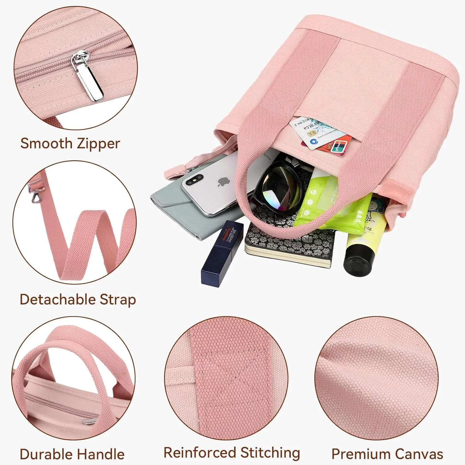Canvas Tote Bag for Women Small Tote Bag with Zipper Crossbody Bag Shoulder Handbag Work Travel Tote with Compartments
