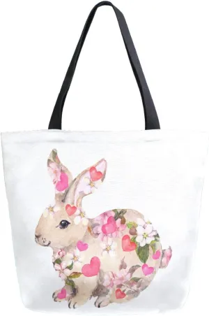 Canvas Tote Bag Hare Rabbit Spring Woman Beach Bag Flowers Pink Hearts Shoulder Bag
