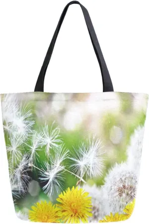 Canvas Tote Bag Landscape Flowers Dandelions Woman Beach Bag Summer Green Shoulder Bag School Had Bag Handbag Holiday Gift