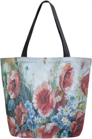 Canvas Tote Bag Log Meadow Poppies Woman Beach Bag Grunge Wall Shoulder Bag School Had Bag Handbag Holiday Gift