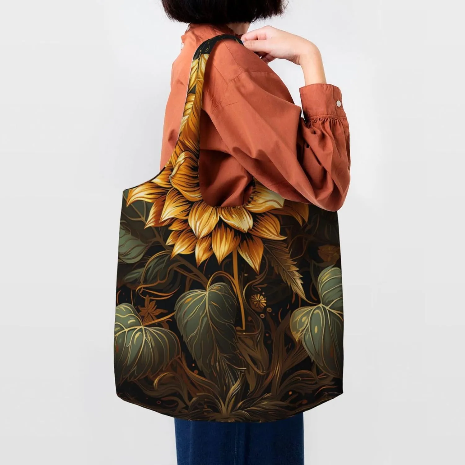 Canvas Tote Bag Reusable Grocery Bags Lightweight Handbag Blue and Orange Flowers Tote Bag for Shopping Cloth Bags