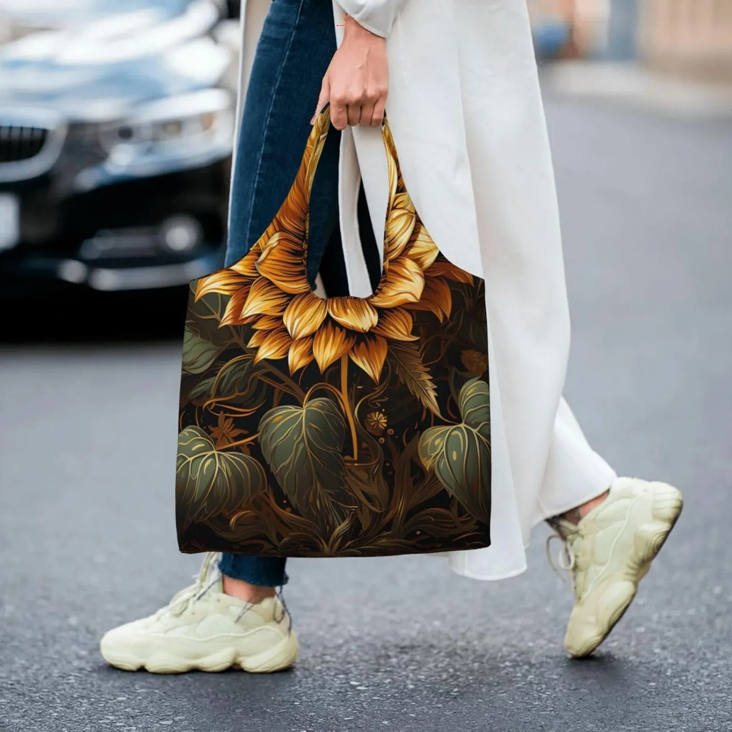 Canvas Tote Bag Reusable Grocery Bags Lightweight Handbag Blue and Orange Flowers Tote Bag for Shopping Cloth Bags