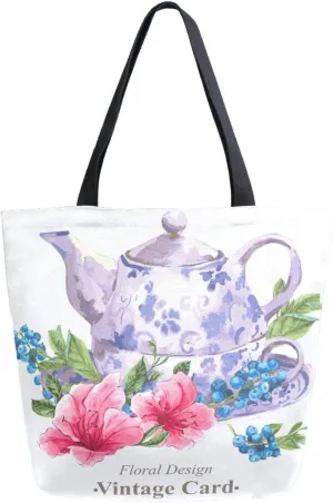 Canvas Tote Bag Vintage Blueberries Teapot Woman Beach Bag Pink Tropical Flowers Shoulder Bag School Had Bag Handbag Holiday Gift