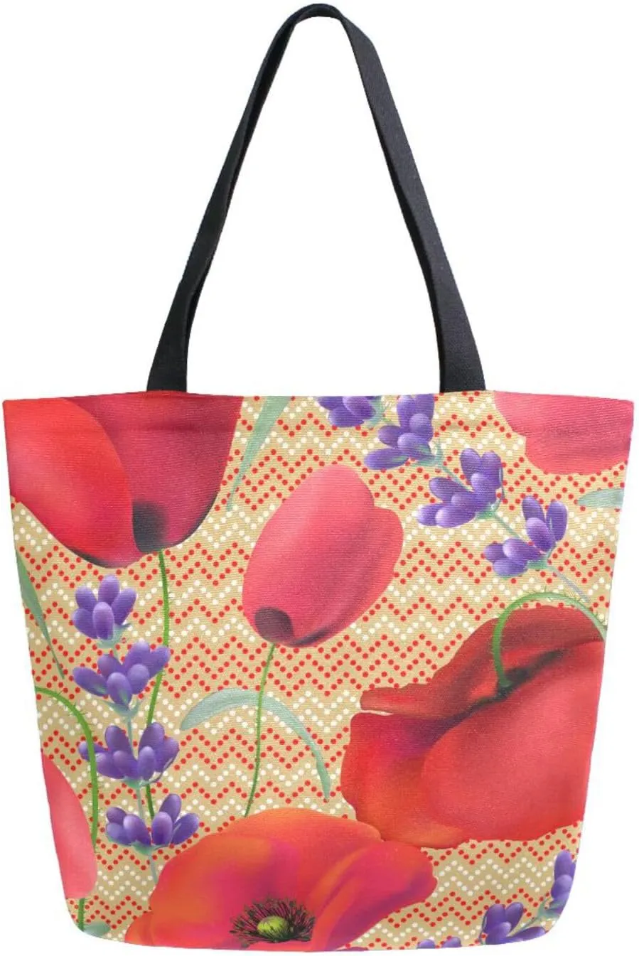 Canvas Tote Bag Vintage Lavender Poppy Woman Beach Bag Orange Wave Stripes Shoulder Bag School Had Bag Handbag Holiday Gift