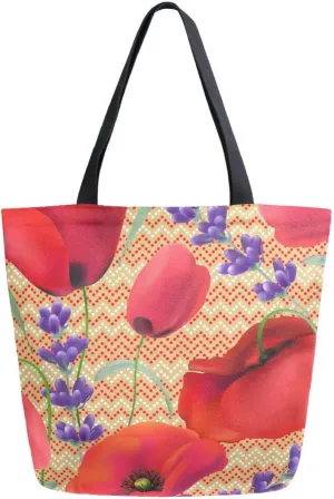 Canvas Tote Bag Vintage Lavender Poppy Woman Beach Bag Orange Wave Stripes Shoulder Bag School Had Bag Handbag Holiday Gift