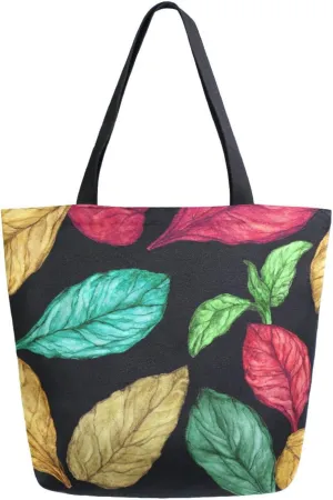 Canvas Tote Bag Watercolor Autumn Leaves Woman Beach Bag Colorful Leaf Shoulder Bag School Had Bag Handbag Holiday Gift