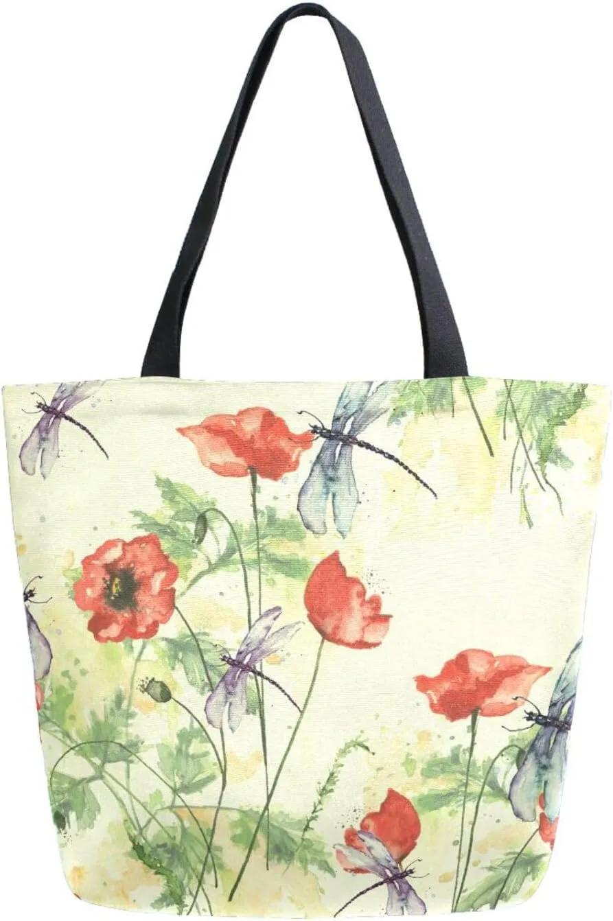 Canvas Tote Bag Watercolor Flowers Dragonfly Woman Beach Bag Red Poppy Paint Splash Shoulder Bag School Had Bag Handbag Holiday Gift