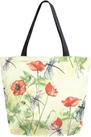 Canvas Tote Bag Watercolor Flowers Dragonfly Woman Beach Bag Red Poppy Paint Splash Shoulder Bag School Had Bag Handbag Holiday Gift