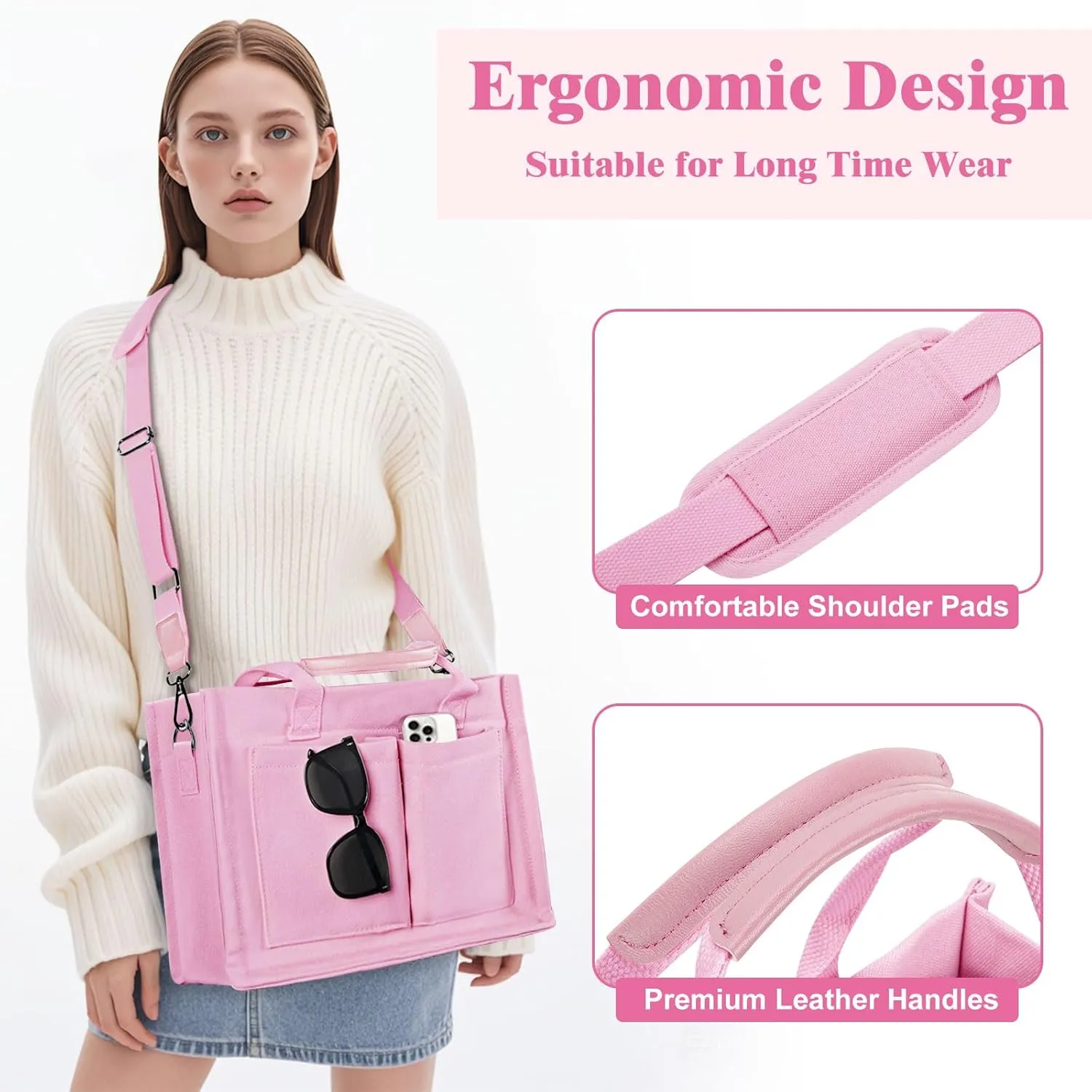 Canvas Tote Bag with Pockets Work Tote Bags for Women Laptop Work Crossbody Tote Purse Tote Bag Shoulder Handbags