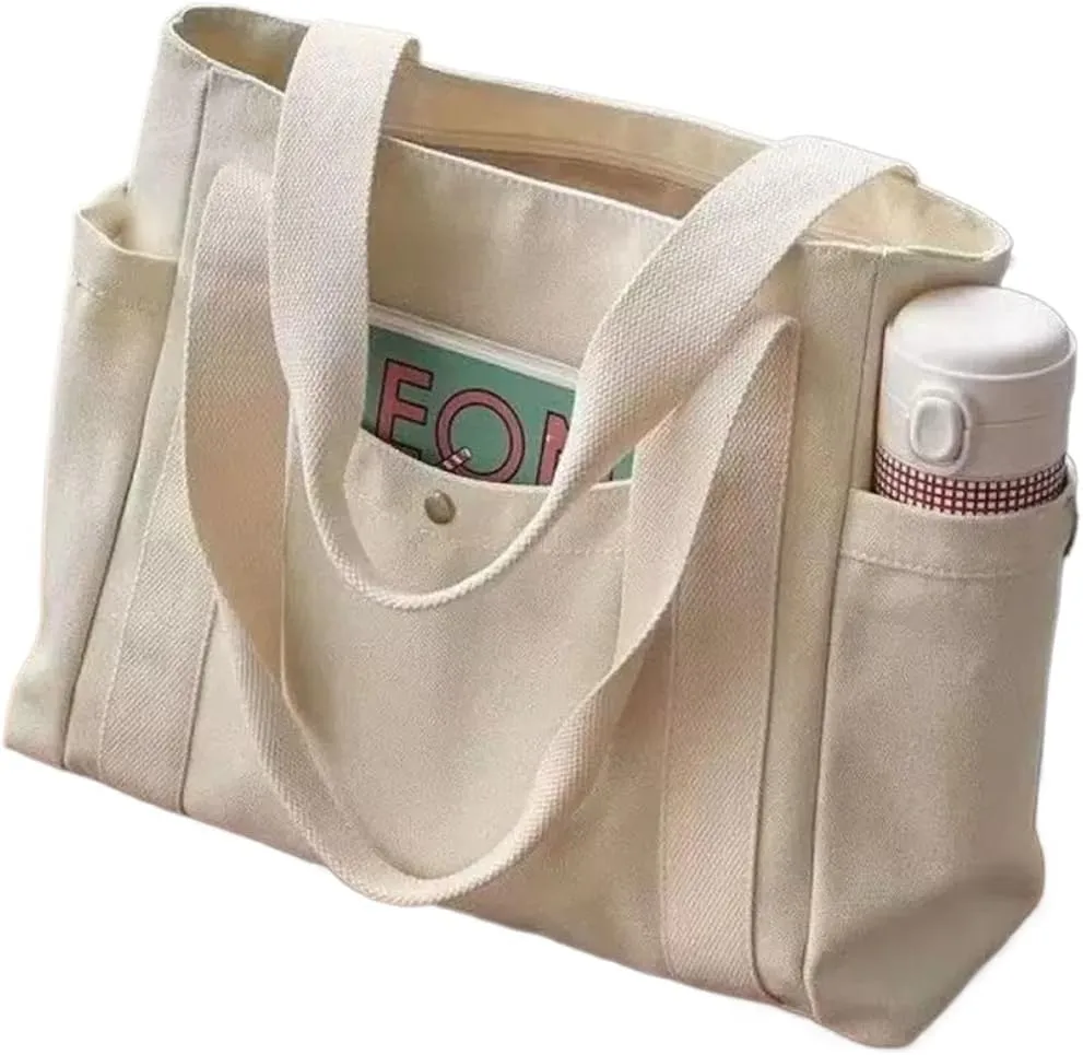 Canvas Tote Bag with Zipper, Beige Black Multi Pocket Shoulder Bag for Women, Medium Handbag Purse for Work