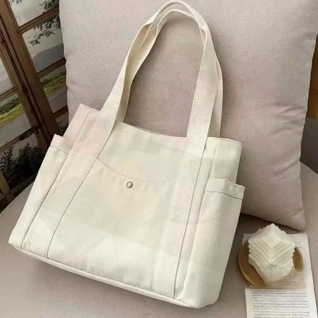 Canvas Tote Bag with Zipper, Beige Black Multi Pocket Shoulder Bag for Women, Medium Handbag Purse for Work