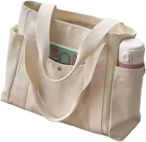 Canvas Tote Bag with Zipper, Beige Black Multi Pocket Shoulder Bag for Women, Medium Handbag Purse for Work