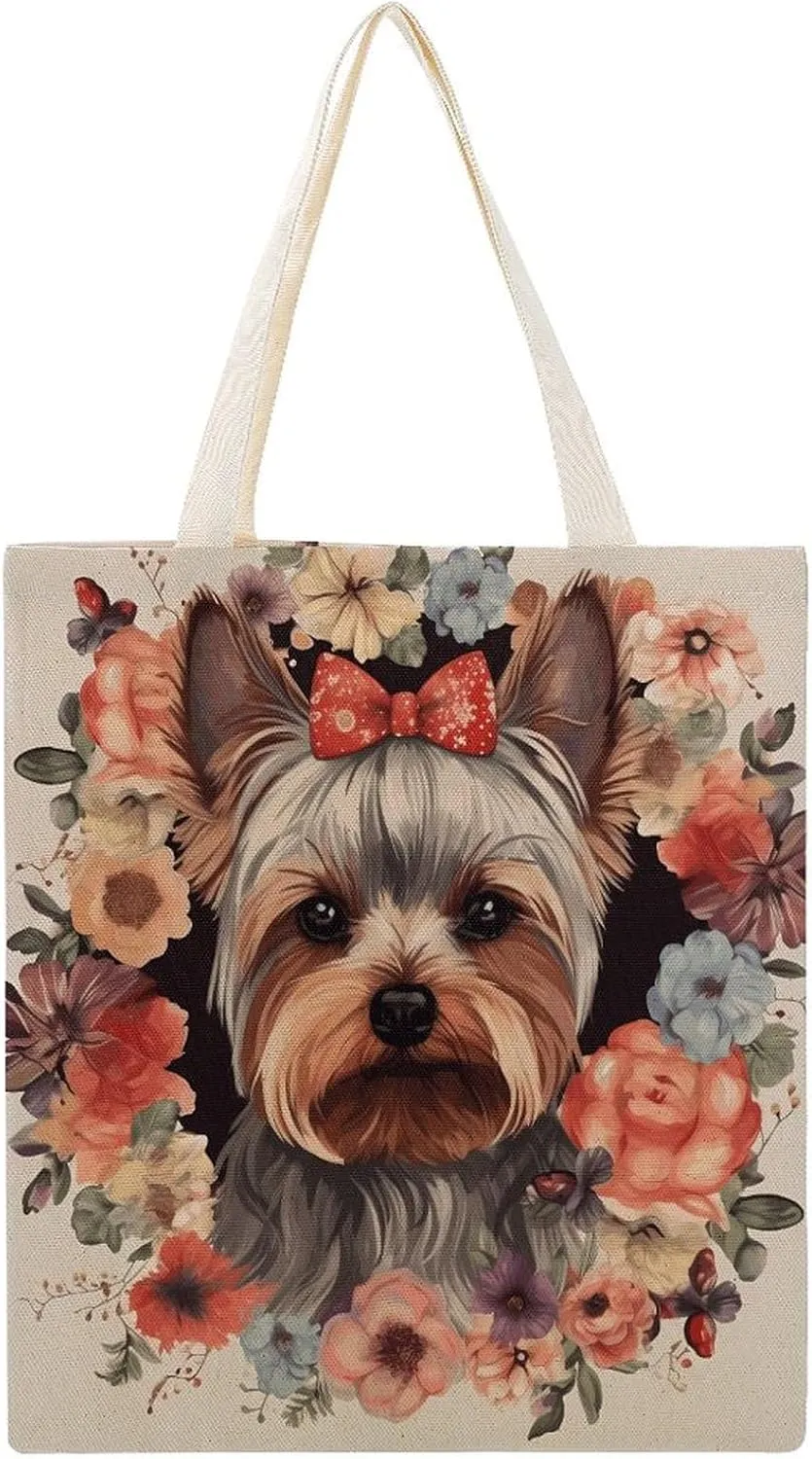 Canvas Tote Bag, Yorkie Floral Print Canvas Shoulder Bag Trendy Tote Bag All-purpose Tote Bag Reusable Market Bag