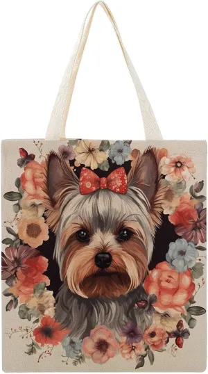 Canvas Tote Bag, Yorkie Floral Print Canvas Shoulder Bag Trendy Tote Bag All-purpose Tote Bag Reusable Market Bag