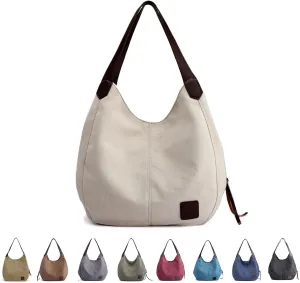 Canvas Tote Bag,Women Casual Shoulder Bag Vintage Multiple Pockets Handbags Satchel Bag for Shopping Hiking Travel and Work