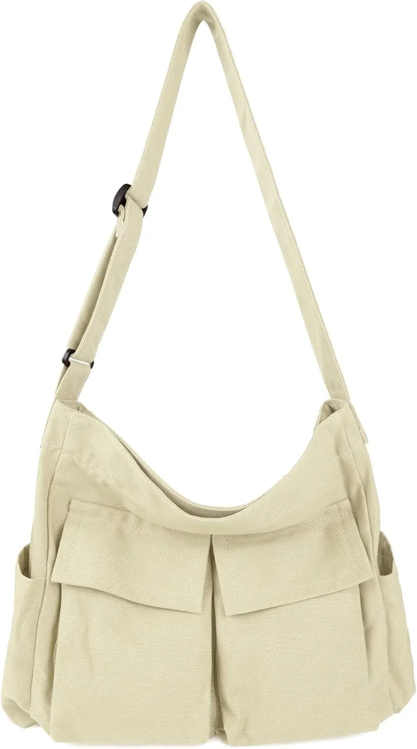 Canvas Tote Hobo Crossbody Messenger Bag with Multiple Pockets - Casual Shoulder Bag for Women & Men