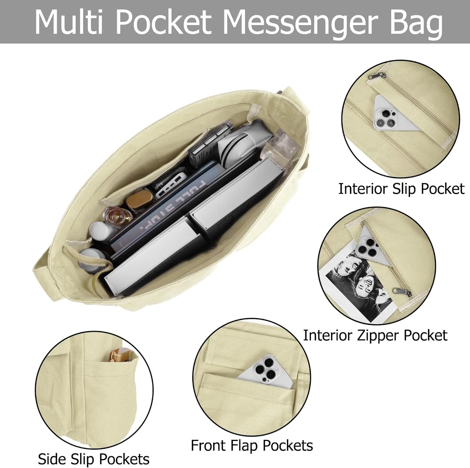 Canvas Tote Hobo Crossbody Messenger Bag with Multiple Pockets - Casual Shoulder Bag for Women & Men